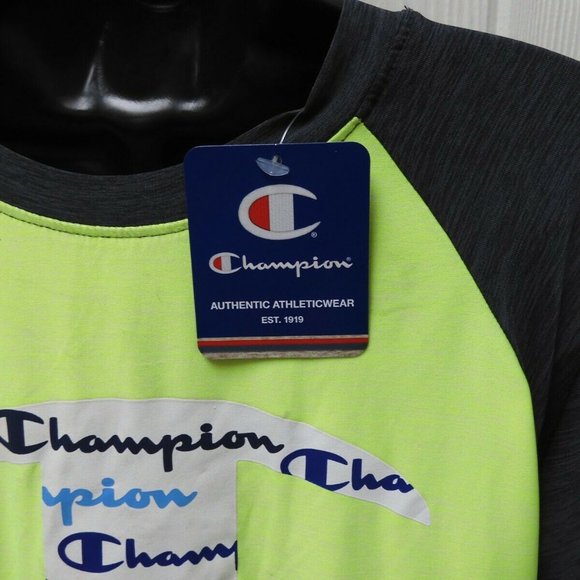 Champion Neon Yellow Logo Script T-Shirt Gray Arms Boys' Sizes 5/6 -18/20 - Picture 3 of 4